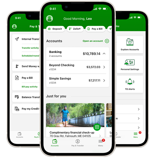 Mobile phones showing TD banking apps